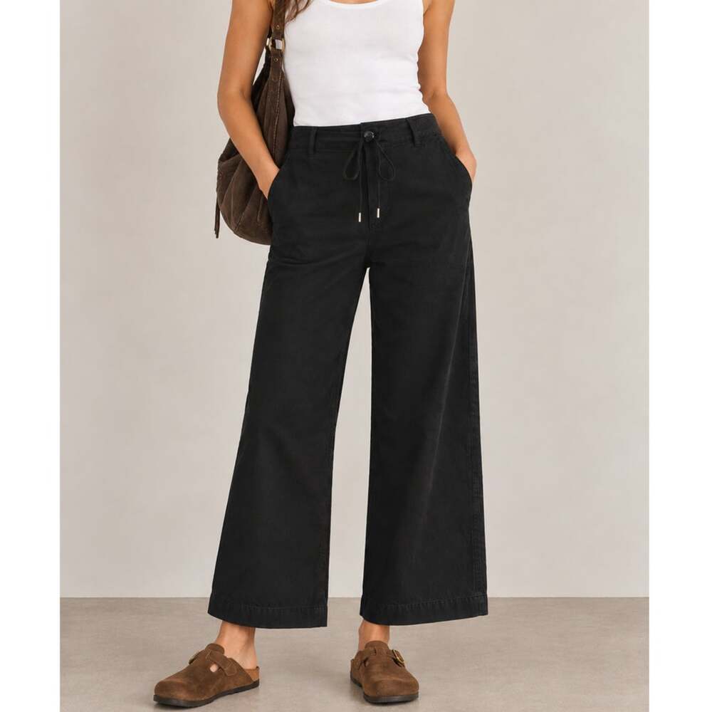 Monrow Black Straight Leg Pants Cropped Casual Trousers Drawstring Travel Small